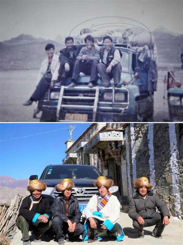 The upper part of this combo photo taken in 1994 shows 24-year-old Jamba (2nd R) and his brothers posing for a group photo on their truck as they run a transportation business in Ali, southwest China\'s Tibet Autonomous Region. Jamba in 1986 started his transportation business with a hand tractor and in 1993 he extended his business with a newly-bought carrier vehicle. The lower part of the combo photo taken by Purbu Zhaxi on Nov. 26, 2018 shows 48-year-old Jamba (2nd R) and his brothers posing for a photo in front of a private car of their family. In 2012, Jamba set up his own transportation company and then he bought a private car. (Xinhua)