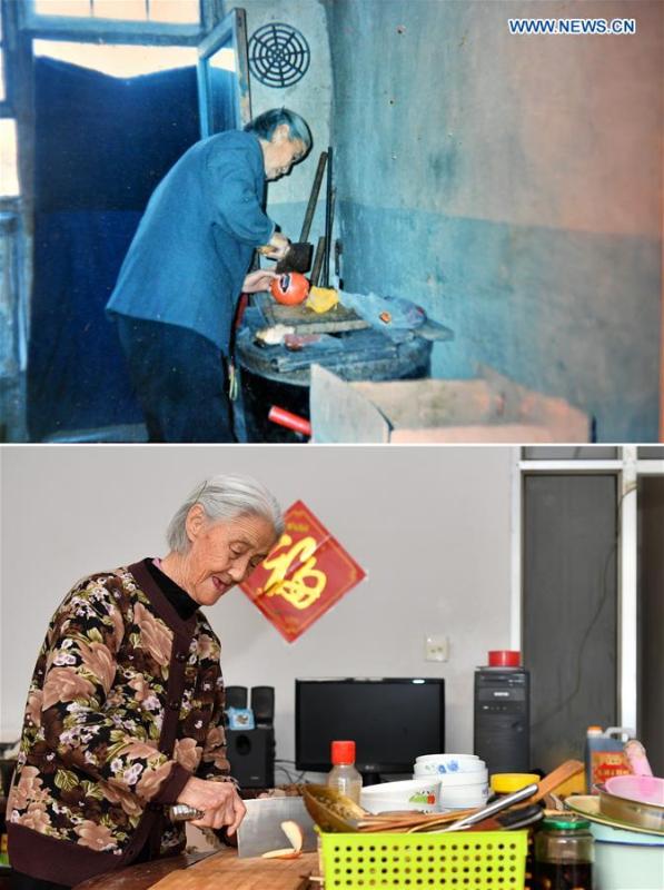 The upper part of this combo photo taken on Feb. 10, 1997 shows 69-year-old Xue Meixiang preparing meal at a cave dwelling where her family lived in for over 40 years in Zhengcun Village of Taiyuan, north China\'s Shanxi Province. At that time, they used kerosene lamps and slept on brick beds. The lower part of the combo photo taken by Cao Yang on Nov. 20, 2018 shows 90-year-old Xue preparing fruits at her new apartment in a residential building in Taiyuan. The family two years ago moved to the new residence where not only modern home appliances are available but also they have heating system for winter. (Xinhua)
