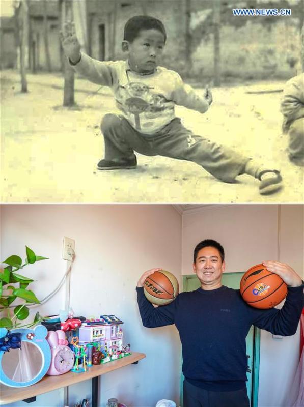 The upper part of this combo photo taken in 1985 shows six-year-old Zhou Peng practicing martial arts in a college campus where his home was located, in east China\'s Shandong Province. The lower part of the combo photo taken by Yin Gang on Nov. 29, 2018 shows 39-year-old Zhou Peng posing for a photo with basketballs in his apartment in Beijing. Zhou, now a teacher of People\'s Public Security University of China, said his biggest childhood dream was to drive a car and live in a tall building. Many \