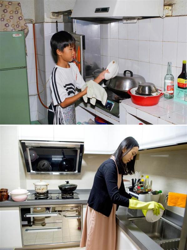 The upper part of this combo photo taken by Tang Shouxin on Aug. 6, 1999 shows nine-year-old Tang Shiyan washing dishes at home in Chang\'an Town of Dongguan, south China\'s Guangdong Province. She lived in an apartment allotted by her father\'s work unit. The lower part of the combo photo taken by Liu Dawei on Nov. 1, 2018 shows 28-year-old Tang Shiyan washing dishes at his parents\' tradable residential house. Tang Shiyan is now a lawyer. (Xinhua)