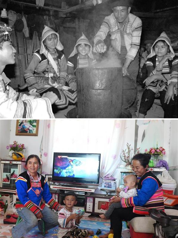 The upper part of this combo photo taken in 1984 shows 20-year-old Yaoze (2nd L) about to eat steamed rice with her family in Baya Village of Jino Ethnic Township on Jino Mountain, Dai Autonomous Prefecture of Xishuangbanna, southwest China\'s Yunnan Province. There was no power and water supply in the rough shelter where she lived. The lower part of the combo photo taken by Lin Yiguang on Nov. 20, 2018 shows 54-year-old Yaoze (1st L) and two of her grandsons and daughters-in-law posing for a photo at home. Yaoze moved into a new house with a brand-new television. The family now owns motorbikes, tractors and plants more than 100 rubber trees. (Xinhua)