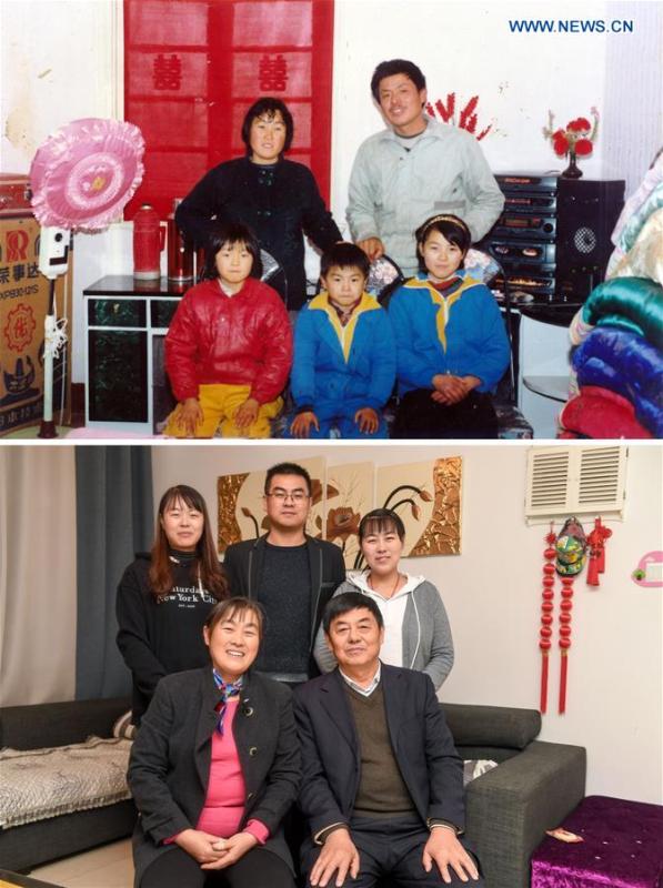 The upper part of this combo photo taken in 1992 shows 35-year-old Wei Shiping (back, R) posing for a group photo with his wife and children at the home of his newly-married brother in Yandun Town of Hefei City, capital of east China\'s Anhui Province. The lower part of the combo photo taken by Zhang Duan shows 61-year-old Wei Shiping, his wife and children posing for a photo at his home in Hefei City, Nov. 14, 2018. Wei Shiping, who is now retired, often travels and joins parties with his friends. (Xinhua)