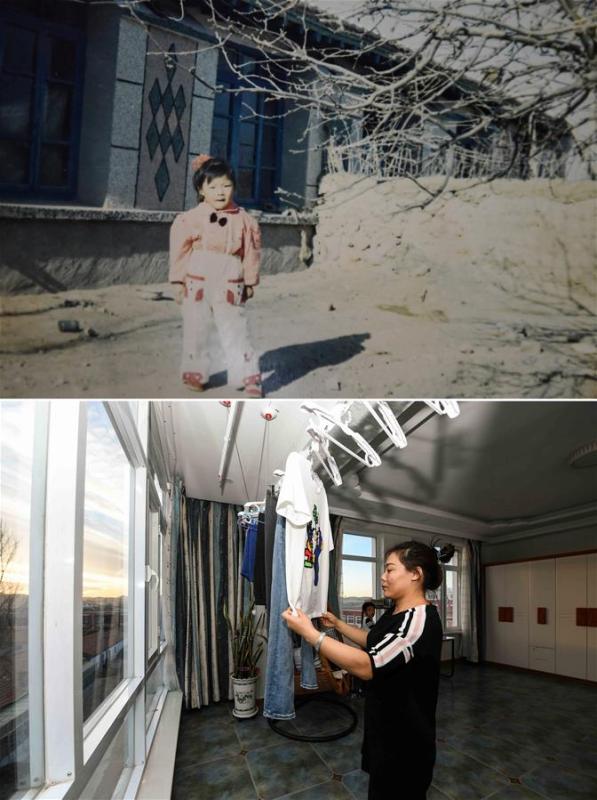 The upper part of this combo photo taken in 1988 shows five-year-old Yan Wenli posing for a photo in front of her family\'s old house in Kouhezi Town, Kulun Banner of north China\'s Inner Mongolia Autonomous Region. The lower part of the combo photo taken by Liu Lei in 2018 shows 35-year-old Yan Wenli airing clothes at home. Yan and her family are running a hotel, which is also their present home. (Xinhua)