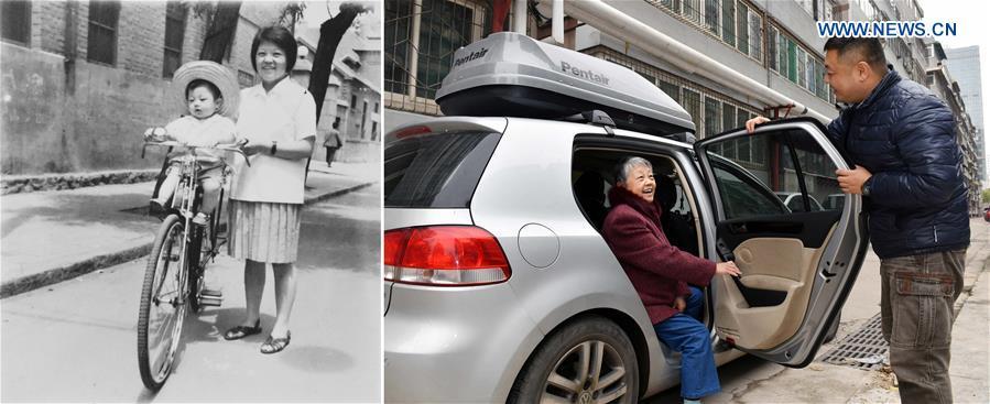 The left part of this combo photo taken in 1979 shows 28-year-old Li Fuying carrying her one-year-old son Zhang Kan with a bike in Jinan, east China\'s Shandong Province. The right part of the combo photo taken by Zhu Zheng on Nov. 6, 2018 shows 67-year-old Li Fuying taking the car of her son Zhang Kan in Jinan. The biggest change for Zhang\'s family is that they bought a car in 2009, more convenient for travelling than before. (Xinhua)