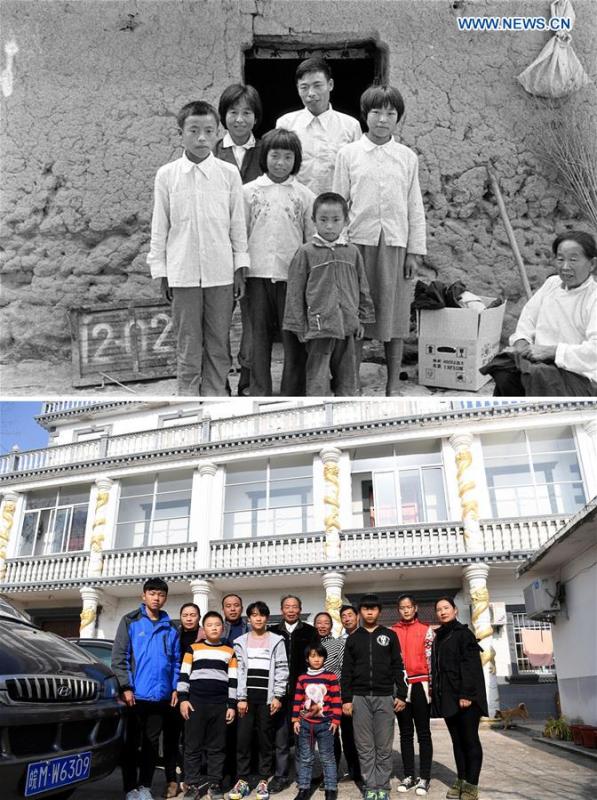 The upper part of this combo photo taken in 1982 shows Yan Hongchang (C rear) and his son Yan Yushan (1st L) posing for a group photo in front of their thatched dwelling at Xiaogang Village, the birthplace of China\'s rural reform, in east China\'s Anhui Province. Yan Hongchang was among the first 18 farmers to sign the secret agreement to divide communally owned farmland into family plots in 1978. At that time, Xiaogang villagers all lived in thatched houses. The lower part of the combo photo taken by Liu Junxi on Nov. 28, 2018 shows Yan Hongchang (6th L) and his son (4th L) posing for a group photo in front of their residential building in Xiaogang Village. As the villagers become rich, much better houses were built in the village. (Xinhua)