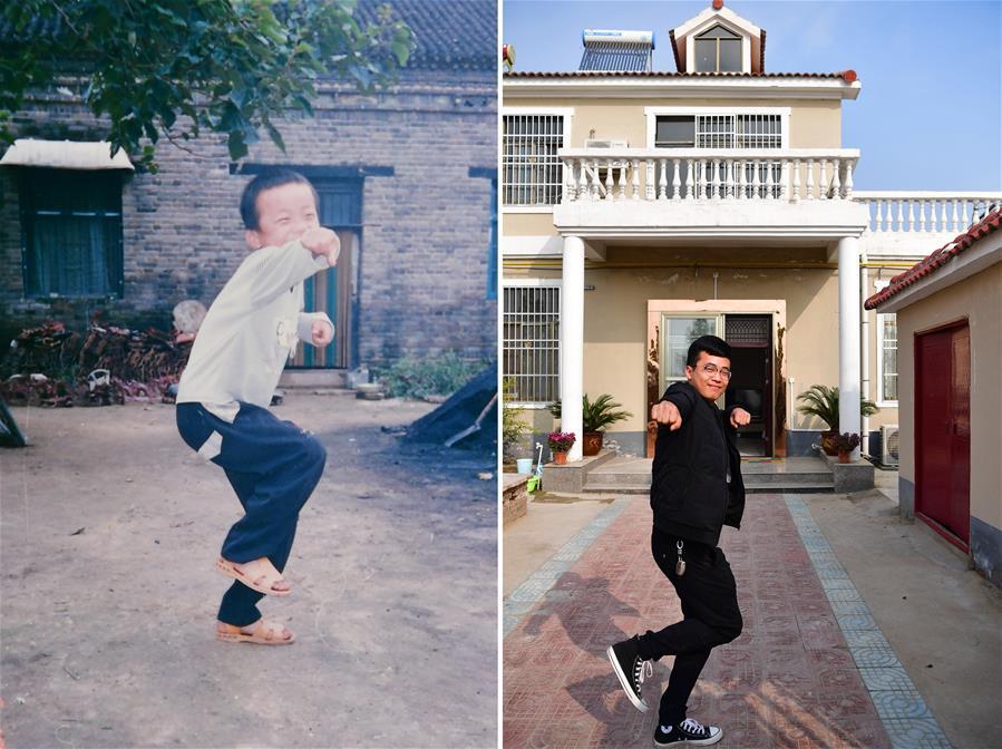 The left part of this combo photo taken on Oct. 6, 2002 shows six-year-old Li Aoxing posing for a photo in front of his house at Penyao Village in Lankao County, central China\'s Henan Province. At that time, Li Aoxing\'s home was an old-fashioned brick house with flooring area of over 80 square meters. The right part of the combo photo taken by Feng Dapeng on Nov. 14, 2018 shows 22-year-old Li Aoxing posing the similar gesture at the yard of his new house. By engaging in the business of trading construction materials, Li\'s family has seen their living conditions greatly improved. In 2010, with the help of local government, Li\'s family got a 150-square-meter house. (Xinhua)
