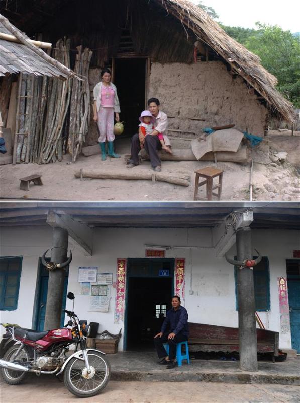 The upper part of this combo photo taken on May 25, 2005 by Jiang Enyu shows 28-year-old farmer Fu Wenjing posing for a photo with his family in front of their thatched roof house in Fanglao Village of Nankai Township in Baisha Li Autonomous County, south China\'s Hainan Province. The lower part of the combo photo taken by Yang Guanyu on March 8, 2018 shows 41-year-old Fu Wenjing sitting in front of his brick house. (Xinhua)