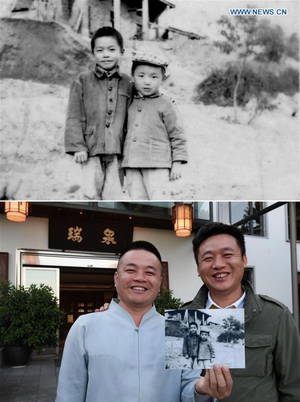 The upper part of this combo photo taken in 1980 shows seven-year-old Huang Shenghui (L) posing for a photo with his younger brother Huang Shengliang at Tianxin Village of Wuyishan City, southeast China\'s Fujian Province. They lived in an old shabby house. The lower part of the combo photo taken by Zhang Guojun on Nov. 30, 2018 shows 45-year-old Huang Shenghui (L) posing for a photo with his younger brother Huang Shengliang in the yard of his house at Tianxin Village of Wuyishan City. Born in a poor rural tea farm family, Huang inherited traditional tea-making techniques. Now he helps his family get rid of poverty with tea production. (Xinhua)