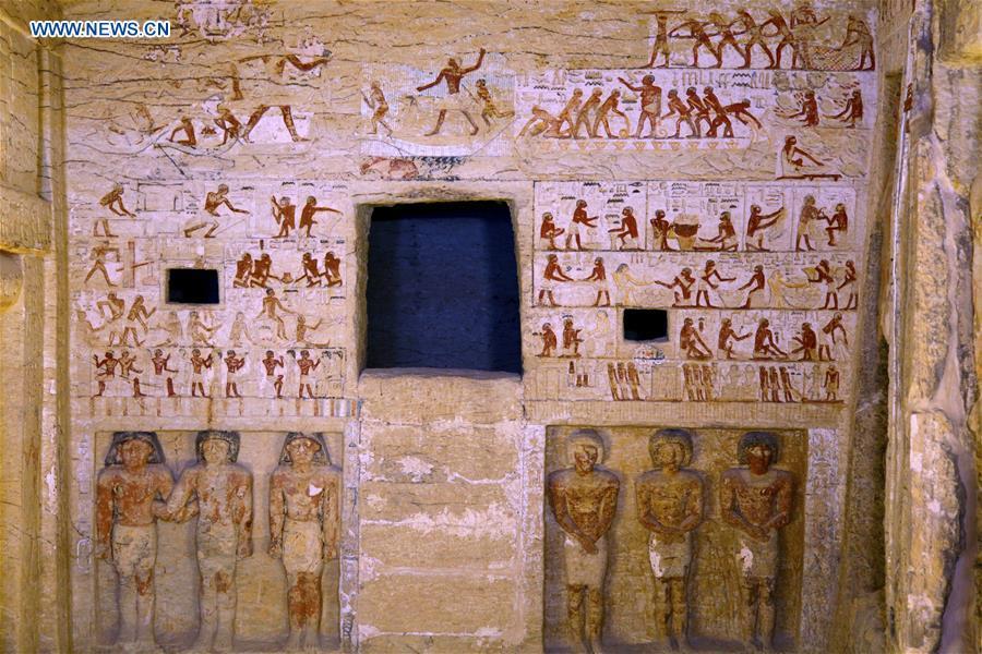 Photo taken on Dec. 15, 2018 shows the paintings in a tomb in Saqqara Necropolis in Giza, Egypt. Egyptian Antiquities Minister Khaled al-Anany announced Saturday the discovery of an \
