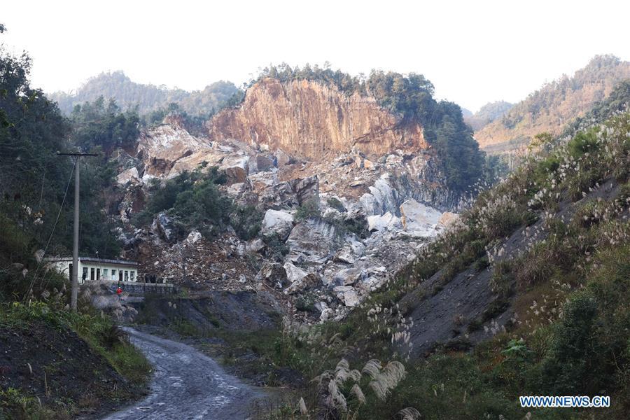 A landslide site is pictured in Luopu Village after a 5.7 magnitude earthquake hit Zhoujia Township of Xingwen County, southwest China\'s Sichuan Province, Dec. 16, 2018. China\'s emergency regulator on Sunday initiated a national emergency response to a magnitude 5.7 earthquake in southwest China\'s Sichuan Province. The earthquake hit the county of Xingwen in the city of Yibin, Sichuan Province, at 12:46 p.m. Sunday, with a depth of 12 km, according to the local government. By 5:30 p.m. Sunday, 16 people had been reported injured in the earthquake, the ministry said. (Xinhua/Zhang Kefan)