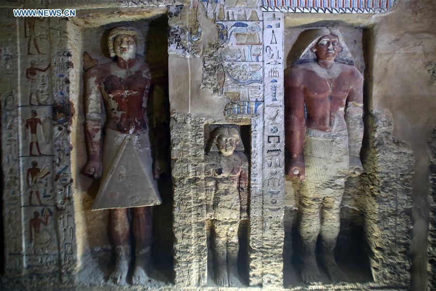 Photo taken on Dec. 15, 2018 shows the sculptures in a tomb in Saqqara Necropolis in Giza, Egypt. Egyptian Antiquities Minister Khaled al-Anany announced Saturday the discovery of an \