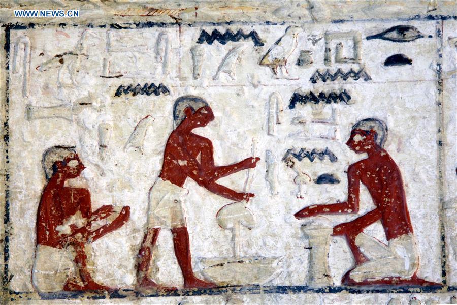 Photo taken on Dec. 15, 2018 shows the painting in a tomb in Saqqara Necropolis in Giza, Egypt. Egyptian Antiquities Minister Khaled al-Anany announced Saturday the discovery of an \