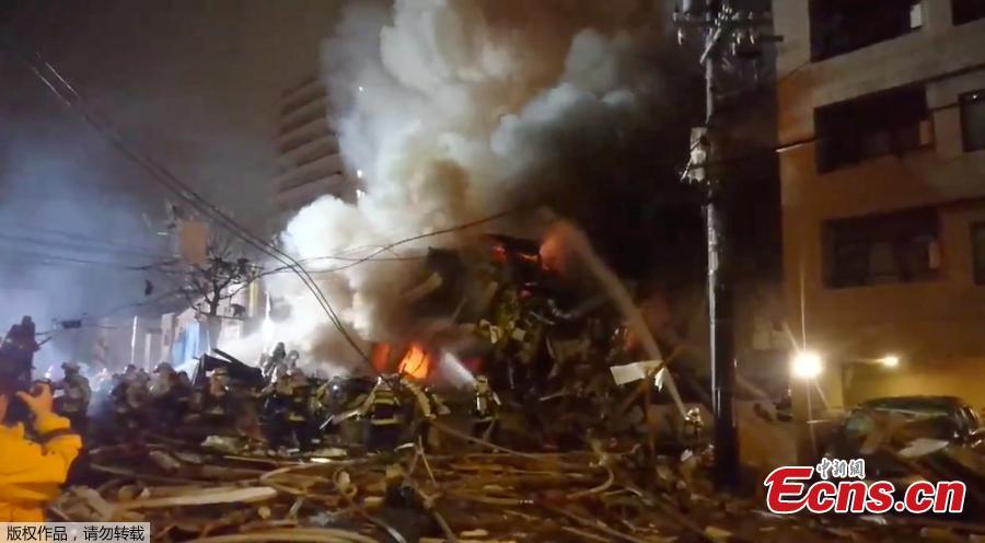 Firefighters work on site where a large explosion occurred at a restaurant in Sapporo, Japan, Dec.16, 2018. According to local media reports, an explosion that triggered a fire occurred at a restaurant in Sapporo in the evening. The cause of the explosion is still unknown. At least 20 people have been reported injured and taken to hospitals. (Photo/Agencies)