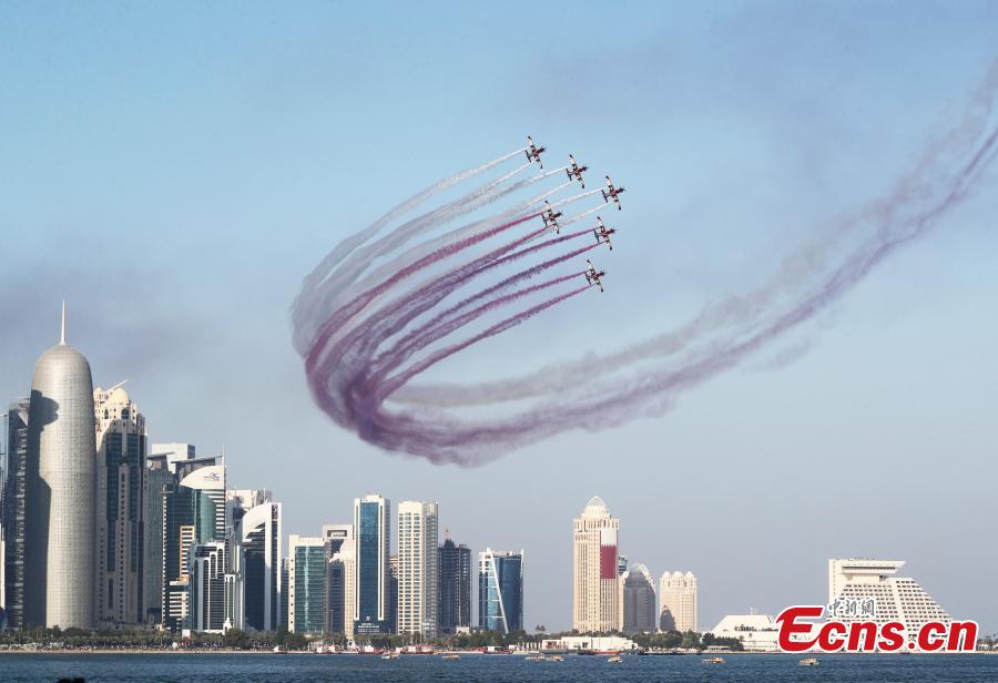 Aircrafts perform during Qatar\'s National Day celebrations in Doha, Qatar, Dec. 18, 2018. (Photo/Agencies)