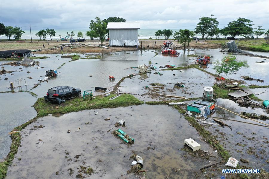 A farmland is damaged by tsunami in Banten Province, in Indonesia, Dec. 24, 2018. The Indonesian disaster agency on Monday put the death toll of the tsunami triggered by a volcanic eruption at 373 with 1,459 others injured, a spokesman of the agency told Xinhua on Monday. (Xinhua/Du Yu)