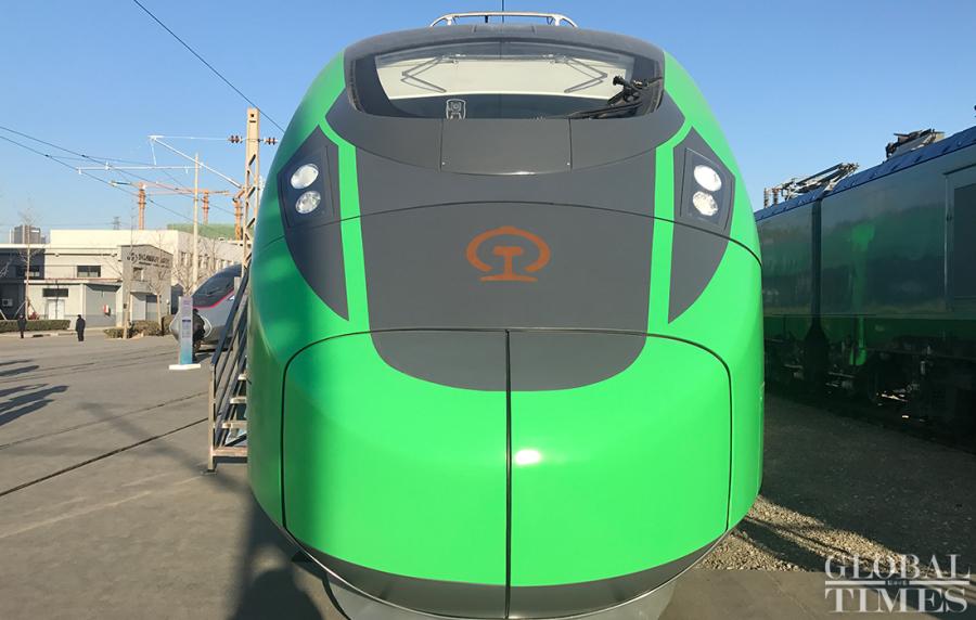 China Railway Corp also unveiled new Fuxing Bullet train CR200J, which has a maximum speed of 160 km/h. The new model, which has a centralized power Electric Multiple Unit (EMU) that can accommodate current maintenance equipments, will replace some of the regular trains running on China\'s railway network in the future. (Photos: Li Xuanmin/GT)