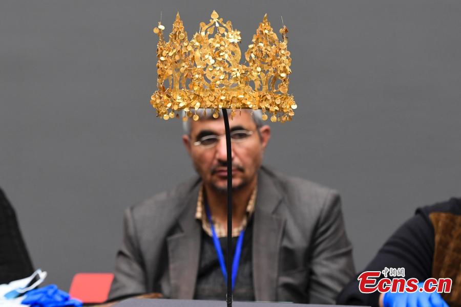 A gold crown discovered in Afghanistan is on display ahead of the \