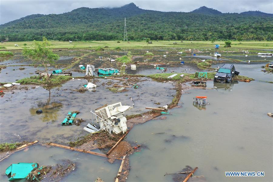 A farmland is damaged by tsunami in Banten Province, in Indonesia, Dec. 24, 2018. The Indonesian disaster agency on Monday put the death toll of the tsunami triggered by a volcanic eruption at 373 with 1,459 others injured, a spokesman of the agency told Xinhua on Monday. (Xinhua/Du Yu)