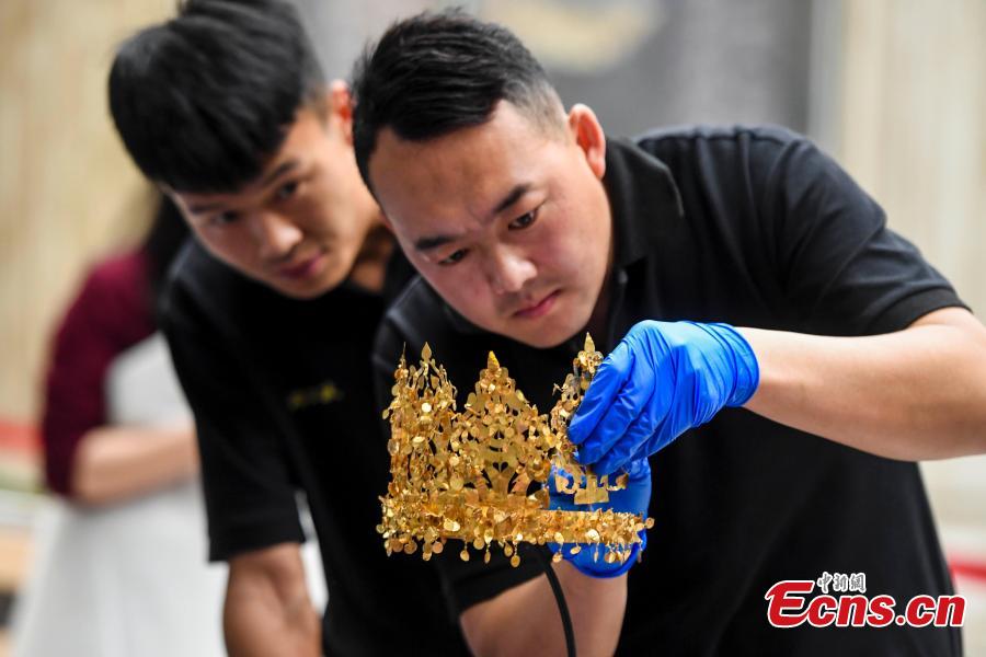A gold crown discovered in Afghanistan is on display ahead of the \