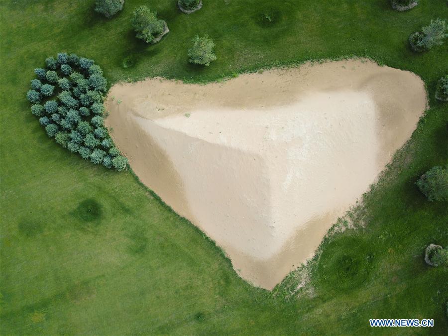 Aerial photo taken on Aug. 1, 2018 shows a sand dune reserved by an eco-technology center at the Kubuqi Desert in Hangjin Banner, north China\'s Inner Mongolia Autonomous Region. China has seen reduced desertification and increased forest coverage since 1978, thanks to the Three-North Afforestation Program (TNAP), said a report released on Dec. 24, 2018. Constructed in the northeast, north and northwest China, TNAP is a national program fighting against soil erosion and wind-sand damage by planting sand-fixing forests. The area of sand-fixing forests has increased by 154 percent in the past 40 years, contributing to the reduction of desertification by around 15 percent, according to a report jointly released by the National Forestry and Grassland Administration (NFGA) and the Chinese Academy of Sciences. Over the past 40 years, TNAP increased the forest area by 30.14 million hectares and raised the forest coverage rate from 5.05 percent to 13.57 percent in the regions it covers, said Liu Dongsheng, deputy head of the NFGA. (Xinhua/Xing Guangli)