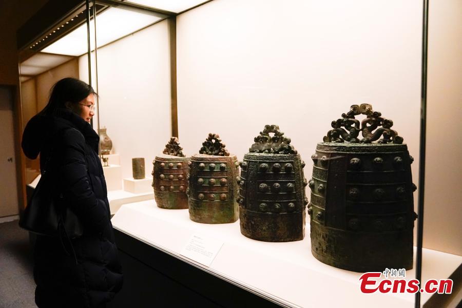 Bronze relics retrieved by police after they were stolen from ancient tombs in Wenxi of Shanxi Province are on display at an exhibition at the National Museum of China in Beijing, Dec. 26, 2018. The exhibition displays 750 precious artifacts retrieved during police efforts in recent years fighting crime involving stolen cultural treasures, which hail from Neolithic times through to the Qing Dynasty. (Photo: China News Service/Du Yang)