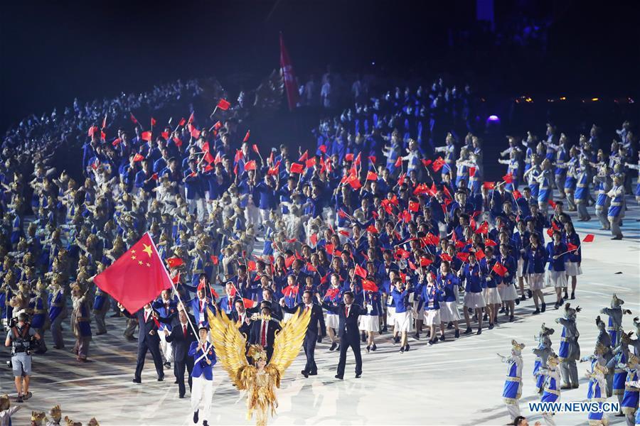 File photo taken on Aug. 18, 2018 shows delegation of China enters the Gelora Bung Karno (GBK) Main Stadium at the opening ceremony of the 18th Asian Games in Jakarta, Indonesia. China topped the Asian Games medal table for 10 straight times as the country claimed 132 gold, 92 silver and 65 bronze medals at Jakarta from August 18 to September 2. (Xinhua/Ding Ting)