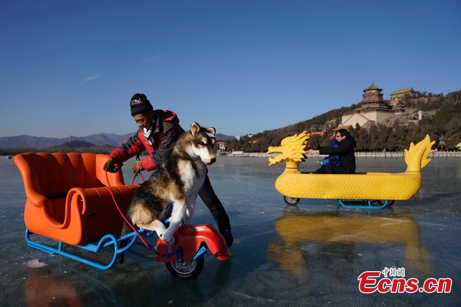 People have fun on the frozen Kunming Lake at the Summer Palace in Beijing, Dec. 30, 2018. With an area of 700,000 square meters, Kunming Lake is the largest natural ice rink in winter in Beijing.The ice rink was open to the public on Sunday. (Photo: China News Service/Du Yang)