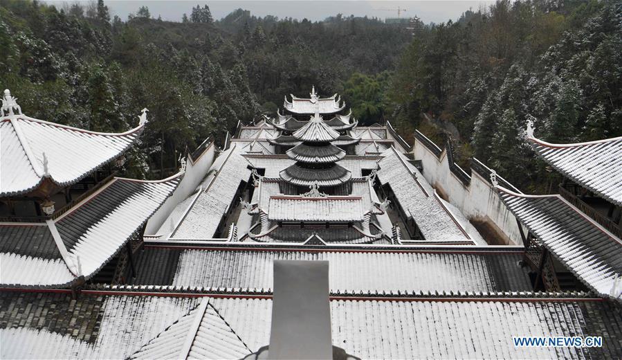 Photo taken on Dec. 31, 2018 shows the snow scenery at Tusi Castle in Enshi Tujia and Miao Autonomous Prefecture of central China\'s Hubei Province. (Xinhua/Yang Shunpi)