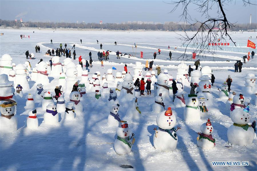 People view snowman sculptures on the riverbank of Songhua River in Harbin, capital of northeast China\'s Heilongjiang Province, Jan. 2, 2019. Altogether 2,019 cute snowmen were displayed here to greet the year 2019. (Xinhua/Wang Jianwei)