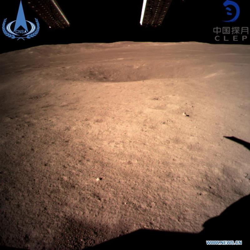 Photo provided by the China National Space Administration on Jan. 3, 2019 shows the first image of the moon\'s far side taken by China\'s Chang\'e-4 probe. China\'s Chang\'e-4 probe touched down on the far side of the moon Thursday, becoming the first spacecraft soft-landing on the moon\'s uncharted side never visible from Earth. The probe, comprising a lander and a rover, landed at the preselected landing area at 177.6 degrees east longitude and 45.5 degrees south latitude on the far side of the moon at 10:26 a.m. Beijing Time (0226 GMT), the China National Space Administration announced. (Xinhua)