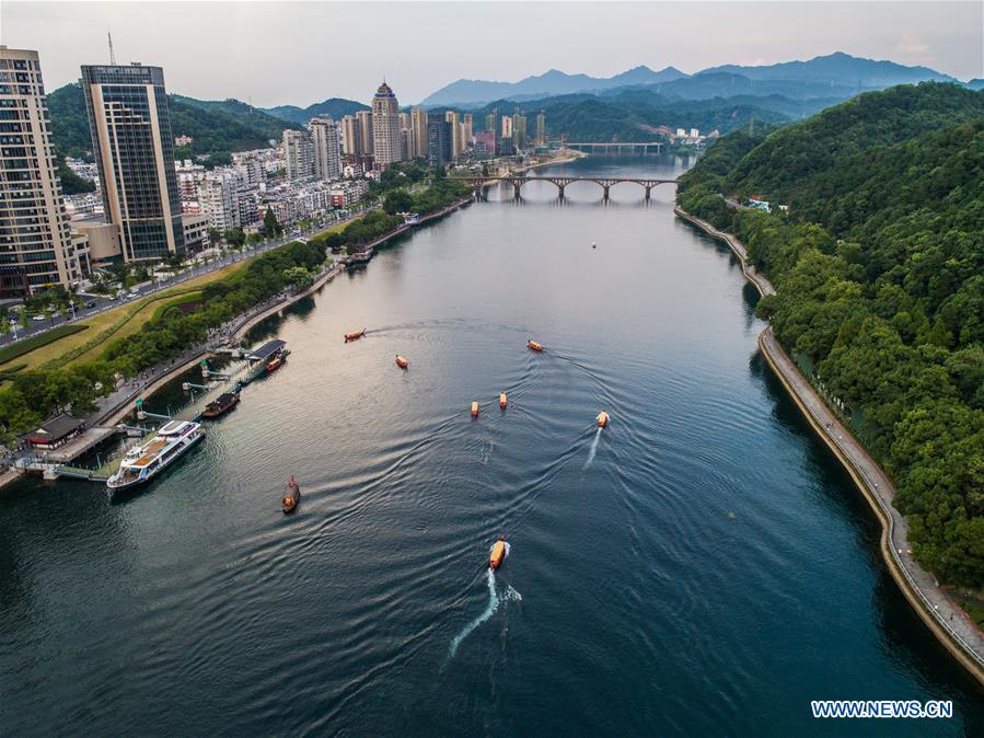 Aerial photo taken on July 23, 2018 shows a view of the Xin\'anjiang River in Jiande City, east China\'s Zhejiang Province. The 18th Central Committee of the Communist Party of China (CPC) held the third plenary session in November, 2013. In the five years since then, China\'s reform momentum had been particularly strong as the CPC decided to advance reform in all aspects during the meeting. Since the third plenary session, Chinese President Xi Jinping has presided over at least 45 high-profile meetings on advancing reforms, during which 400 documents and 1,932 reform plans have been launched. As a result, China\'s reform has been expanded from the economic field to a broad sphere including administrative management, culture, society, ecological conservation, Party building, and the military. (Xinhua/Xu Yu)