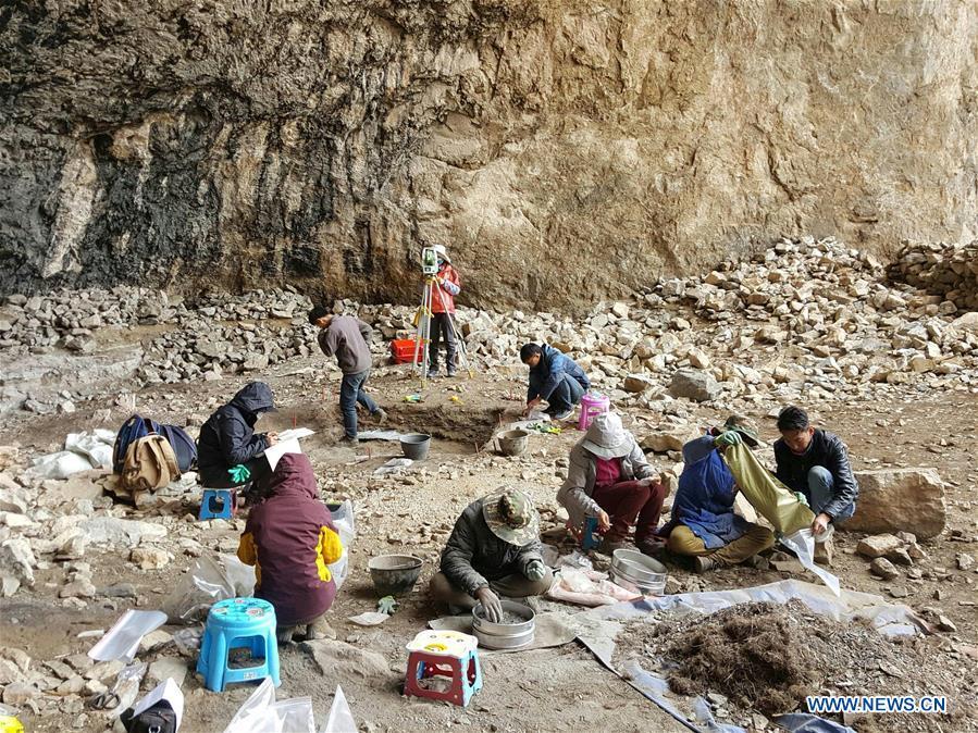 This file photo provided by Tibet Institute for Protection and Research of Cultural Relics on Aug. 16, 2018 shows members of an archaeology team working at the Melong Tagphug cave site in Ngari Prefecture, southwest China\'s Tibet Autonomous Region. The Melong Tagphug cave site containing delicate stone tools and pottery shards believed to be at least 4,000 years old was unearthed in Ngari Prefecture of China\'s Tibet. It is the first prehistoric cave site confirmed on the Qinghai-Tibet Plateau. (Xinhua)