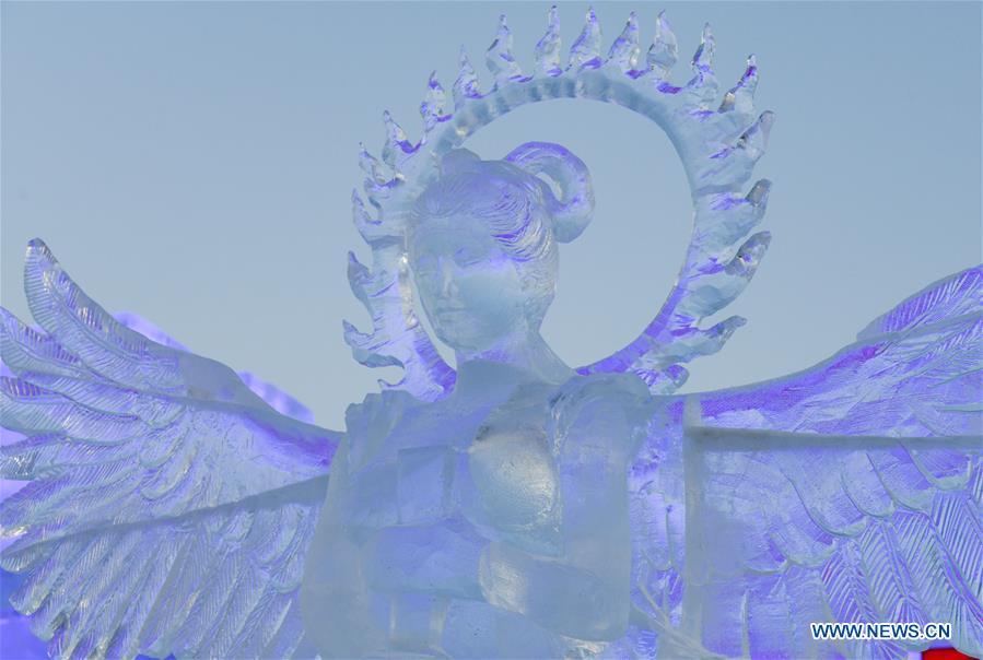 Photo taken on Jan. 3, 2019 shows a part of an ice sculpture during an international ice sculpture competition in Harbin, capital of northeast China\'s Heilongjiang Province. (Xinhua/Wang Song)