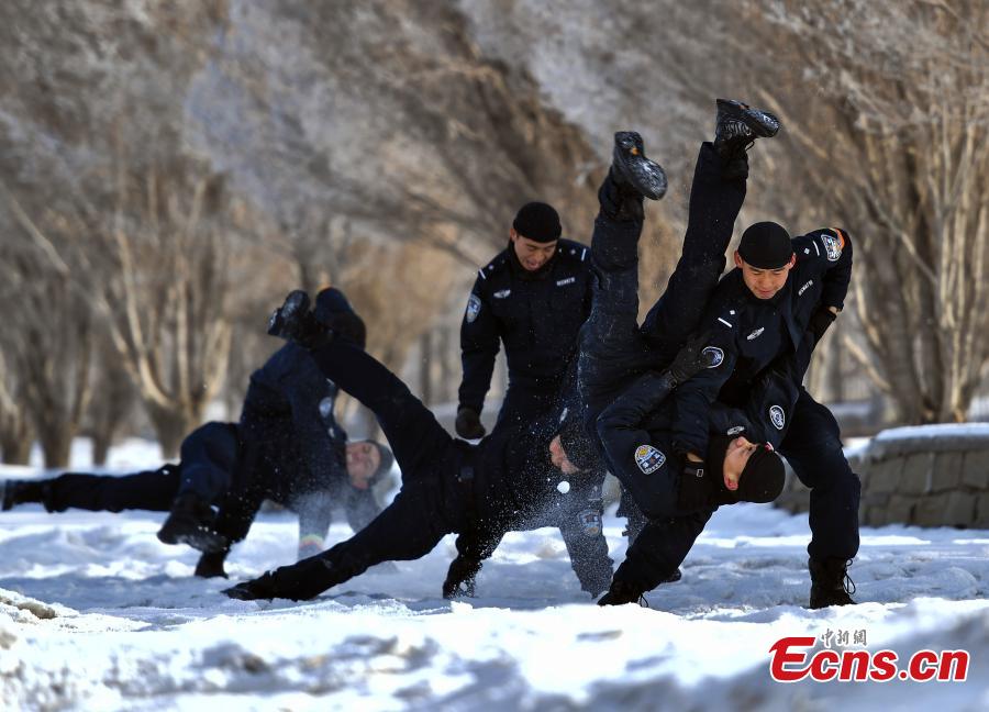Members of the special police force of Urumqi City, Northwest China\'s Xinjiang Uygur Autonomous Region, undergo an intensive training at a snow field in freezing conditions, Jan. 9, 2019. The 60-plus day winter training included running, the use of police equipment and combat skills. (Photo: China News Service/Liu Xin)