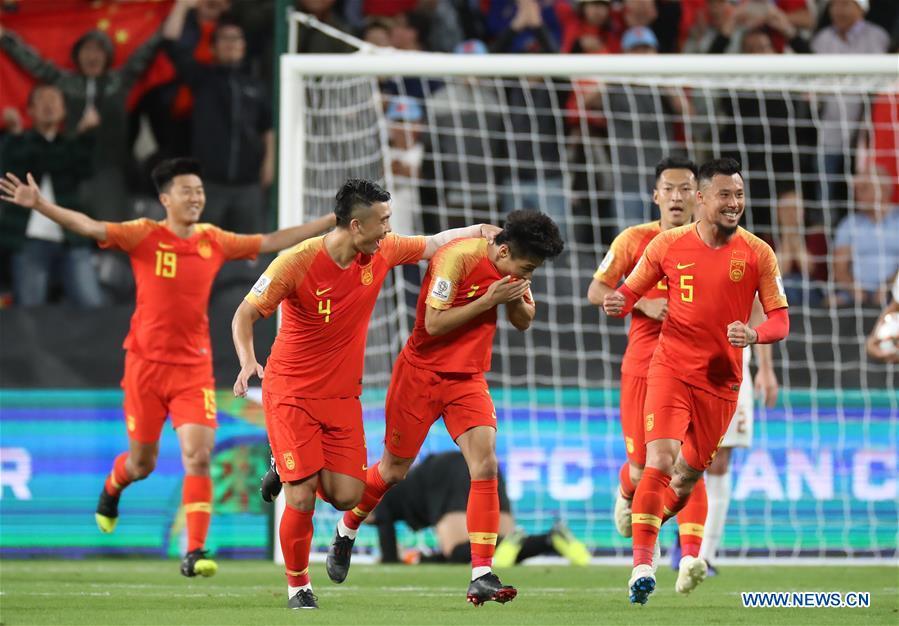 Wu Lei (C) of China celebrates scoring during the 2019 AFC Asian Cup UAE 2019 group C match between China and the Philippines in Abu Dhabi, the United Arab Emirates (UAE), Jan. 11, 2019. China won 3-0. (Xinhua/Cao Can)