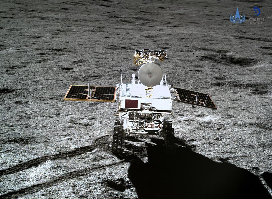 Photo taken by the lander of the Chang\'e-4 probe on Jan. 11, 2019 shows the rover Yutu-2 (Jade Rabbit-2). China announced Friday that the Chang\'e-4 mission, which realized the first-ever soft-landing on the far side of the moon, was a complete success. With the assistance of the relay satellite Queqiao (Magpie Bridge), the rover Yutu-2 (Jade Rabbit-2) and the lander of the Chang\'e-4 probe took photos of each other. (Xinhua/China National Space Administration)