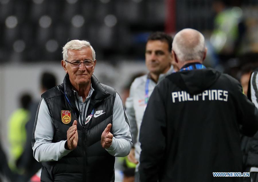 Head Coach Marcello Lippi of China reacts after winning the 2019 AFC Asian Cup UAE 2019 group C match between China and the Philippines in Abu Dhabi, the United Arab Emirates (UAE), Jan. 11, 2019. China won 3-0. (Xinhua/Cao Can)