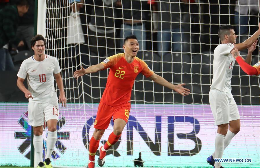 Yu Dabao (C) of China celebrates scoring during the 2019 AFC Asian Cup UAE 2019 group C match between China and the Philippines in Abu Dhabi, the United Arab Emirates (UAE), Jan. 11, 2019. China won 3-0. (Xinhua/Cao Can)