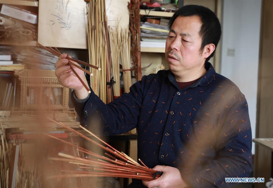 Craftsman Zhao Runsheng chooses sorghum straws to make handicrafts at a studio in Jingxing mining area of Shijiazhuang City, capital of north China\'s Hebei Province, Jan. 10, 2019. Sorghum straw handicrafts with various shapes in Jingxing Mining Area are a provincial intangible cultural heritage and a typical folk art in Hebei Province. (Xinhua/Liang Zidong)