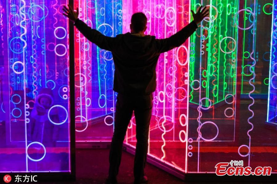 Lights installation are seen in the financial district of Canary Wharf as part of the Winter Lights festival, London, January 14, 2019. The sculptures and installations are the creations of some of artists who present work in different forms of light technology. Artists from across the world showcase installations that are interactive, performance art or visual. (Photo/Agencies)