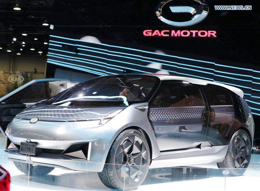Photo taken on Jan. 15, 2019 shows a GAC Motor\'s concept vehicle Entranze at the 2019 North American International Auto Show (NAIAS) in Detroit, the United States. The annual Detroit auto show opened Monday and will last till Jan. 27. (Xinhua/Wang Ping)