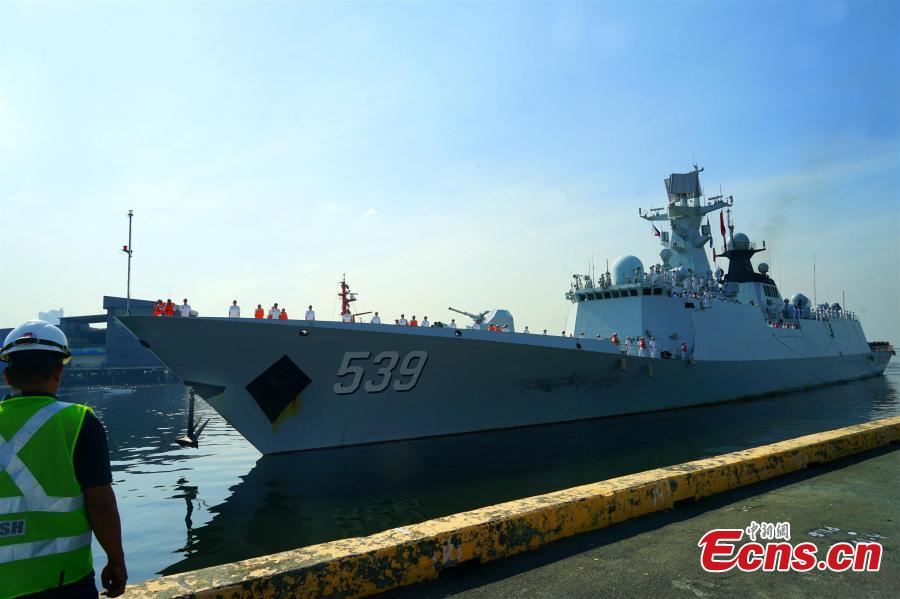 Chinese sailors aboard the guided-missile frigate Wuhu (539) stand in formation as it docks in Manila, January 17, 2019. A Chinese naval task group consisting of two frigates - the Wuhu 539 and Handan 579 - and a replenishment ship Dongpinghu (960) arrived for a four-day goodwill visit. The last visit to the Philippines by the Chinese navy was in April 2017.  (Photo/China News Service)