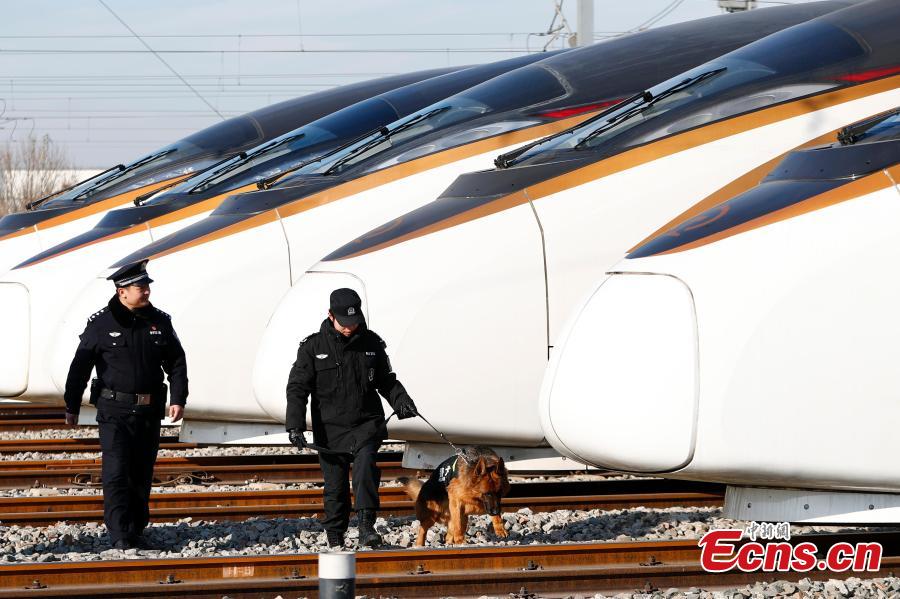 A police dog is seen completing a safety patrol at a bullet train service station in Beijing, Jan. 17, 2019. Beijing police have increased security checks on trains at the service station for routine inspections and maintenance as the Spring Festival travel rush approaches. (Photo: China News Service/Fu Tian)
