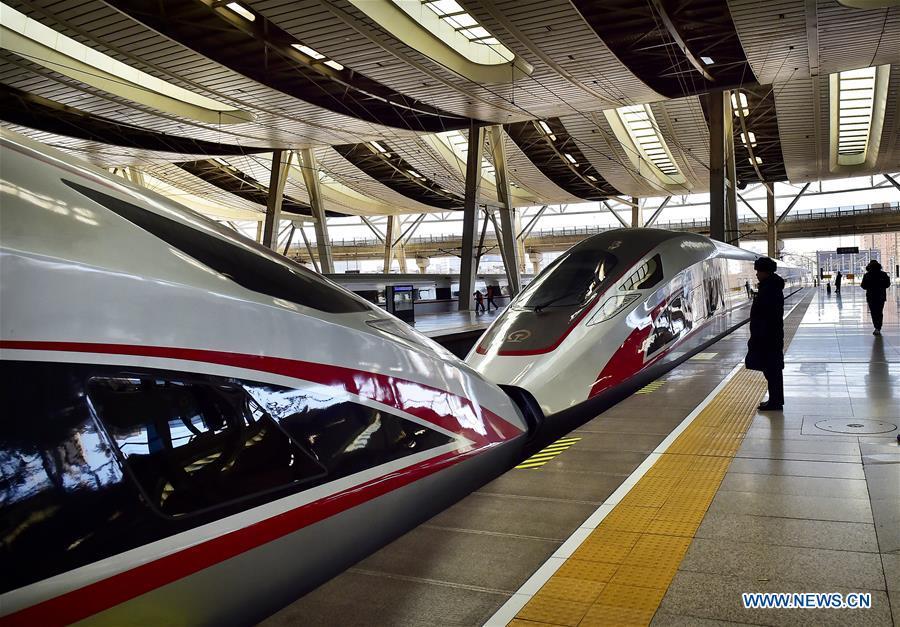 A Fuxing bullet train arrives at Beijing South Railway Station in Beijing, capital of China, Jan. 20, 2019. The 2019 Spring Festival travel rush, known as Chunyun, starts on Jan. 21. The Spring Festival, or Chinese Lunar New Year, falls on Feb. 5 this year. (Xinhua/Yang Baosen)