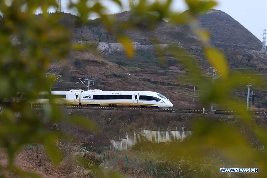 A bullet train runs in Kaili City, southwest China\'s Guizhou Province, Jan. 20, 2019. The 2019 Spring Festival travel rush, known as Chunyun, starts on Jan. 21. The Spring Festival, or Chinese Lunar New Year, falls on Feb. 5 this year. (Xinhua/Wu Jibin)