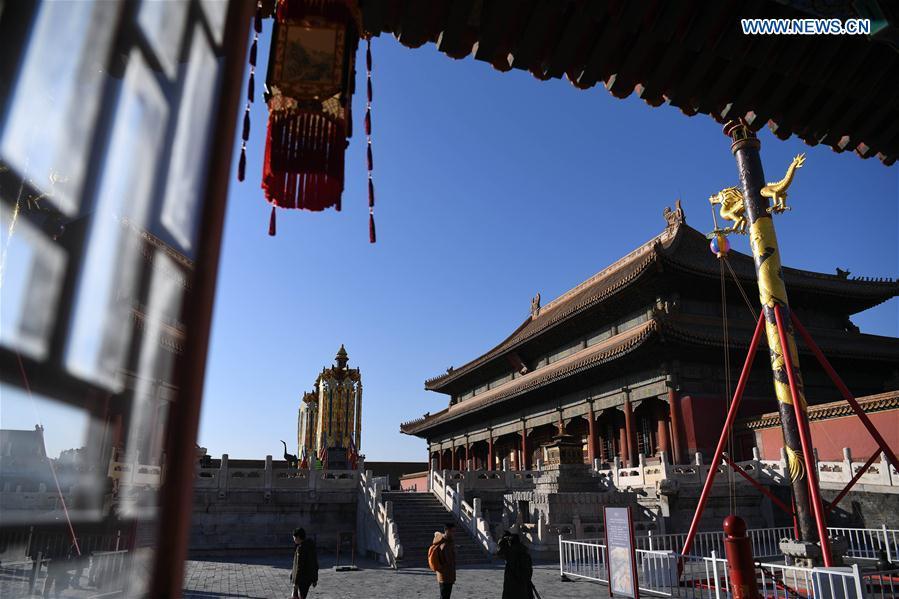 Heavenly lanterns and longevity lanterns are installed before the Qianqing Gong, or the Palace of Heavenly Purity, at the Palace Museum, also known as the Forbidden City, in Beijing, capital of China, Jan. 21, 2019. The traditional lanterns recovered by the Palace Museum in accordance with historical archives from the Qing Dynasty (1644-1911) are opened to the public Monday, as a part of the exhibition of \