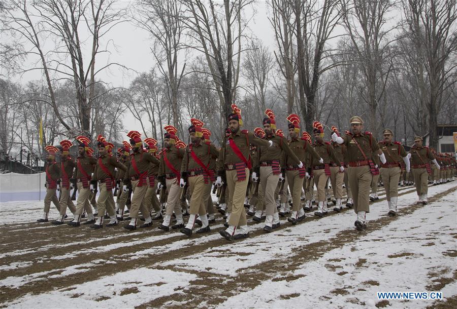 Indian policemen march during a full dress rehearsal for the upcoming India Republic Day parade in Srinagar, the summer capital of India-controlled Kashmir, Jan. 24, 2019. India will celebrate its Republic Day on Jan. 26, 2019. (Xinhua/Javed Dar)