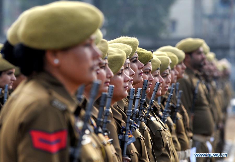 Policewomen participate in a full dress rehearsal for the upcoming Indian Republic Day parade in Jammu, the winter capital of India-controlled Kashmir, Jan. 24, 2019. India will celebrate its Republic Day on Jan. 26, 2019. (Xinhua/Stringer)