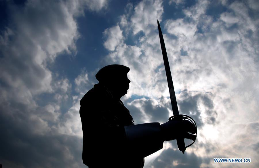 A policeman participates in a full dress rehearsal for the upcoming Indian Republic Day parade in Jammu, the winter capital of India-controlled Kashmir, Jan. 24, 2019. India will celebrate its Republic Day on Jan. 26, 2019.