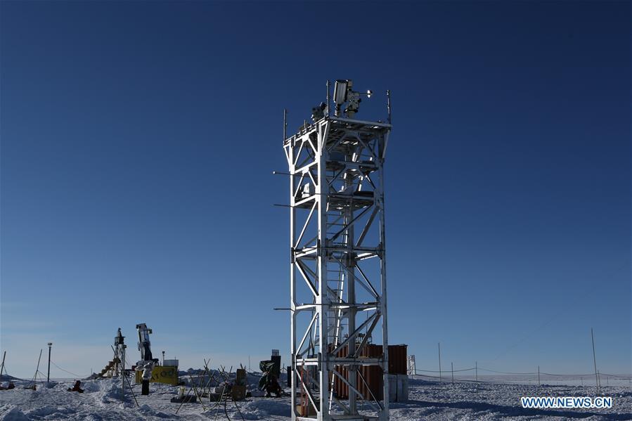 An Antarctic astronomical facility is seen at the Kunlun Station in Antarctica, Jan. 23, 2019. The Kunlun team of China\'s 35th Antarctic expedition withdrew from the Kunlun Station on Thursday after completing various scientific exploration projects at the peak of Antarctic\'s inland icecap. (Xinhua/Liu Shiping)